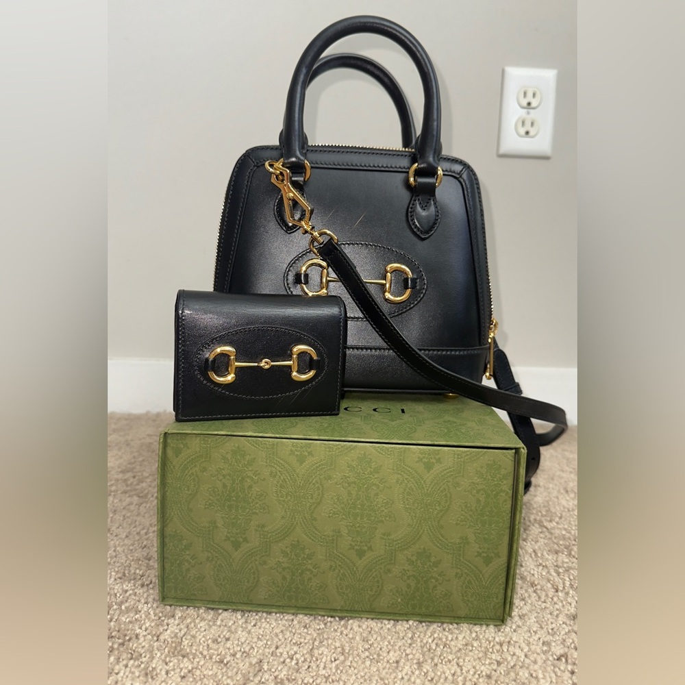 Gucci Horsebit Top Handle Black Leather Handbag and Wallet Set